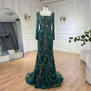 Luxury Dubai Green Mermaid Evening Dress - Elegant Crystal Beaded Arabic Gown for Women's Wedding Party (2024)