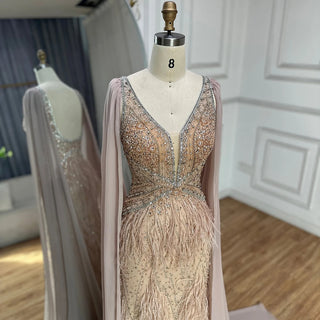 Lilac Luster: Feathers Mermaid Evening Dress with Champagne Beaded Elegance - Perfect for Women at Wedding Parties and Proms.