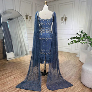 Ships in 1 to 3 Days - Bling Gray Mermaid Arabic Evening Dress with Cape Feather: Prom Formal Attire for Women's Wedding Party