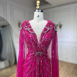 Ships in 1 to 3 Days – Dubai's Luxe Elegance: Sage Green Evening Dresses with Cape, Fuchsia Crystal, and Gold Accents for Women's Weddings and Formal Parties (2024)