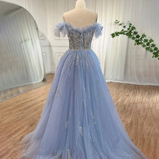 Blue Diamond Feather Mermaid Evening Dress with Overskirt - Wedding Party Gown for Women 2024