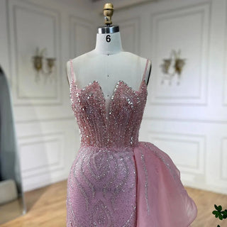 2024 Light Pink Spaghetti Strap Mermaid Evening Gown Beaded Elegant Dress with Overskirt for Women's Party