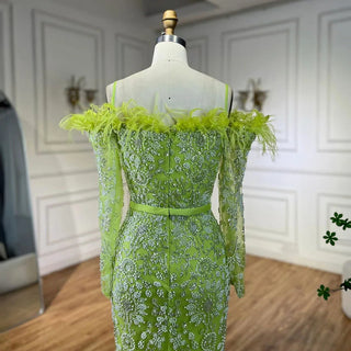 Luxury Dubai Green Boat Neck Mermaid Elegant Feathers Beaded Evening Dresses Gowns For Woman Wedding Party