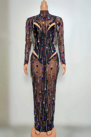 Sheer Long Sleeve Jewel-Embellished Bodycon Gown