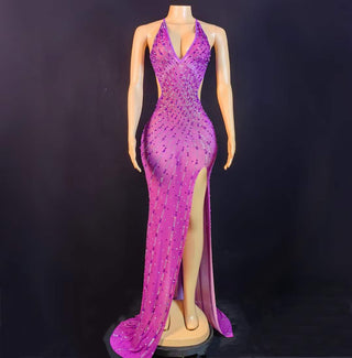 Stunning Lavender Sequin Halter Gown with High Slit