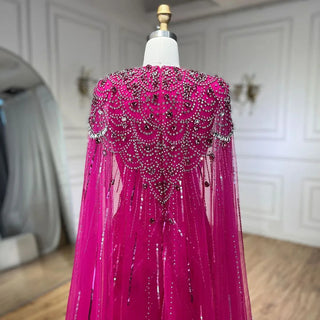 Dubai's Luxe Elegance: Sage Green Evening Dresses with Cape, Fuchsia Crystal, and Gold Accents for Women's Weddings and Formal Parties (2024)