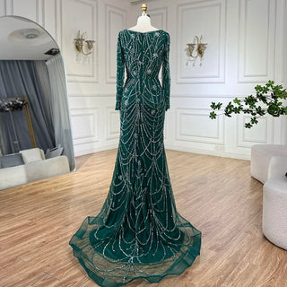 Luxury Dubai Green Mermaid Evening Dress - Elegant Crystal Beaded Arabic Gown for Women's Wedding Party (2024)