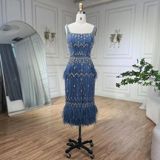 Luxury Crystal Feathers Dubai Evening Dress: Elegant Blue Lace Midi Arabic Party Attire for Women's Wedding