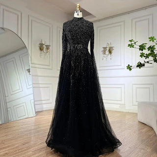 Ships in 1 to 3 Days - 2024 Blue A-Line Evening Gown: High-End Beaded Luxury with Cape Sleeves - Ideal for Plus Size Women's Party Elegance