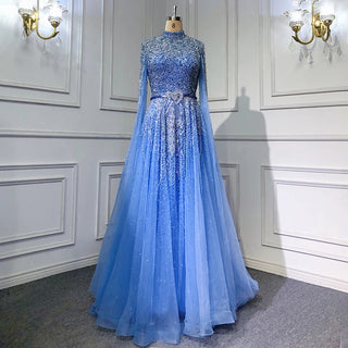 Ships in 1 to 3 Days - 2024 Blue A-Line Evening Gown: High-End Beaded Luxury with Cape Sleeves - Ideal for Plus Size Women's Party Elegance