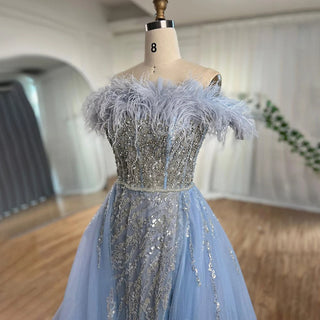 Blue Diamond Feather Mermaid Evening Dress with Overskirt - Wedding Party Gown for Women 2024