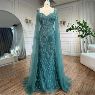 Arabic Luxury Beaded Mermaid Evening Dress with Cape Sleeves for Women Wedding Party 2024