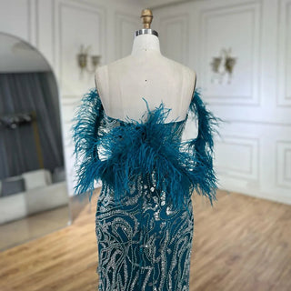 Turquoise Spaghetti Strap High-Split Mermaid Beaded Feathers Evening Gown for Women Wedding Party 2024