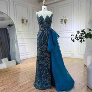 2024 Sky Blue Spaghetti Strap Luxury Evening Dress: Mermaid Beaded Elegant Overskirt for Women's Party