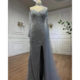 Ships in 1 to 3 Days - Arabic Blue Mermaid Evening Dress with High Split and Beading - Women's Wedding Party Gown (2024)