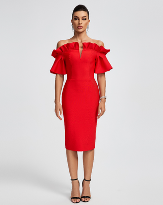 Ships in 1 to 3 Days - Elegant Women Cocktail Dress - Stringy Selvedge Design Short Sleeve Slim Fit Red Bandage Dress 2024