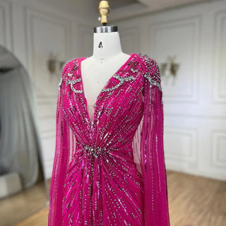 Ships in 1 to 3 Days – Dubai's Luxe Elegance: Sage Green Evening Dresses with Cape, Fuchsia Crystal, and Gold Accents for Women's Weddings and Formal Parties (2024)