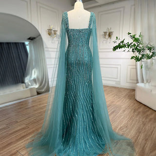 Arabic Luxury Beaded Mermaid Evening Dress with Cape Sleeves for Women Wedding Party 2024