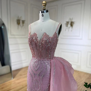 2024 Light Pink Spaghetti Strap Mermaid Evening Gown Beaded Elegant Dress with Overskirt for Women's Party