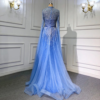 Ships in 1 to 3 Days - 2024 Blue A-Line Evening Gown: High-End Beaded Luxury with Cape Sleeves - Ideal for Plus Size Women's Party Elegance