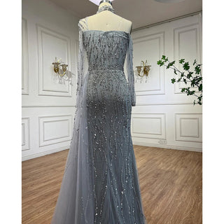 Ships in 1 to 3 Days - Arabic Blue Mermaid Evening Dress with High Split and Beading - Women's Wedding Party Gown (2024)