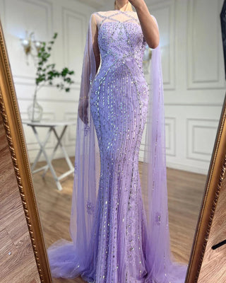 Ships in 1 to 3 Days - Arabic Luxury Dubai Mermaid Blue Evening Gown with Cape Sleeves and Beading for Women's Party 2024