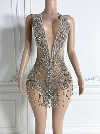 Deep V-Neck Sheer Mini Dress with Intricate Crystal Embellishments