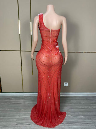 Dazzling One-Shoulder Beaded Gown with High Slit