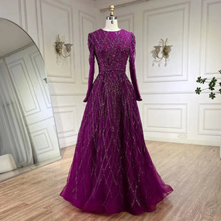 Arabic Turquoise A-Line Sweetheart Long Sleeves Beaded Evening Dress Gown for Women Party 2024