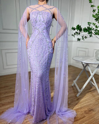 Ships in 1 to 3 Days - Arabic Luxury Dubai Mermaid Blue Evening Gown with Cape Sleeves and Beading for Women's Party 2024