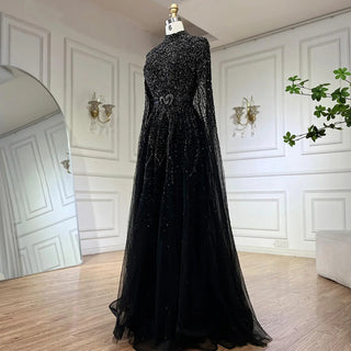 Ships in 1 to 3 Days - 2024 Blue A-Line Evening Gown: High-End Beaded Luxury with Cape Sleeves - Ideal for Plus Size Women's Party Elegance