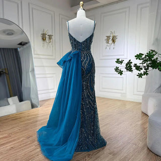 2024 Sky Blue Spaghetti Strap Luxury Evening Dress: Mermaid Beaded Elegant Overskirt for Women's Party