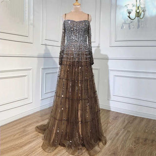 Champagne Luxury Evening Gown: Elegant Long Sleeves with Beaded Detailing for Women's Party 2024