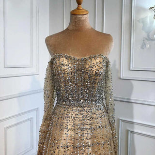 Champagne Luxury Evening Gown: Elegant Long Sleeves with Beaded Detailing for Women's Party 2024