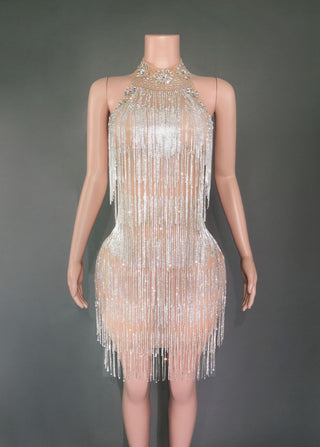 Extravagant Sheer Illusion Mini Dress with Beaded Embellishments and Velvet Drape