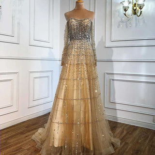 Champagne Luxury Evening Gown: Elegant Long Sleeves with Beaded Detailing for Women's Party 2024