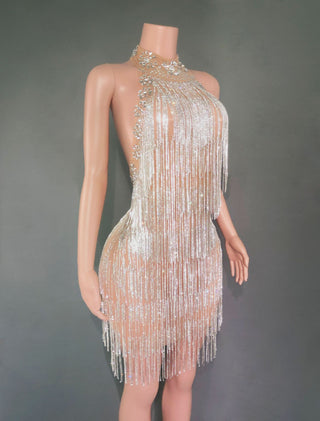 Extravagant Sheer Illusion Mini Dress with Beaded Embellishments and Velvet Drape