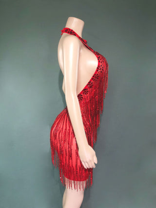 Extravagant Sheer Illusion Mini Dress with Beaded Embellishments and Velvet Drape