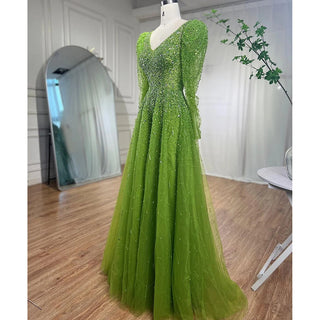 Green Mermaid Evening Dress 2024: Elegant with Skirt, Long Sleeves, Beaded Luxury - Ideal for Women's Party