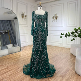 Luxury Dubai Green Mermaid Evening Dress - Elegant Crystal Beaded Arabic Gown for Women's Wedding Party (2024)