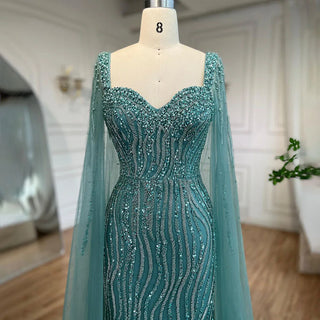 Arabic Luxury Beaded Mermaid Evening Dress with Cape Sleeves for Women Wedding Party 2024