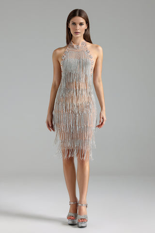 Extravagant Sheer Illusion Mini Dress with Beaded Embellishments and Velvet Drape