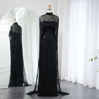 New for 2024: Luxury Champagne Dubai Evening Dresses with Pearls and Cape, Perfect for Arabic Women's Mermaid Wedding Party and Prom Dress