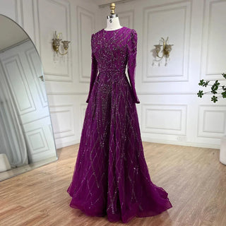 Arabic Turquoise A-Line Sweetheart Long Sleeves Beaded Evening Dress Gown for Women Party 2024