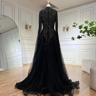 Ships in 1 to 3 Days - 2024 Blue A-Line Evening Gown: High-End Beaded Luxury with Cape Sleeves - Ideal for Plus Size Women's Party Elegance