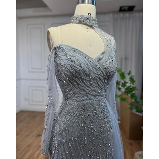 Ships in 1 to 3 Days - Arabic Blue Mermaid Evening Dress with High Split and Beading - Women's Wedding Party Gown (2024)