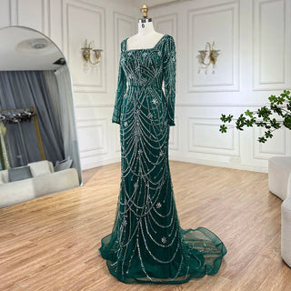 Luxury Dubai Green Mermaid Evening Dress - Elegant Crystal Beaded Arabic Gown for Women's Wedding Party (2024)