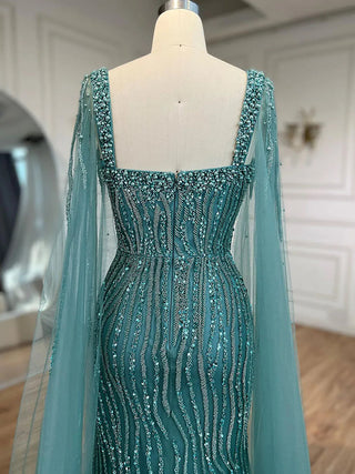 Arabic Luxury Beaded Mermaid Evening Dress with Cape Sleeves for Women Wedding Party 2024