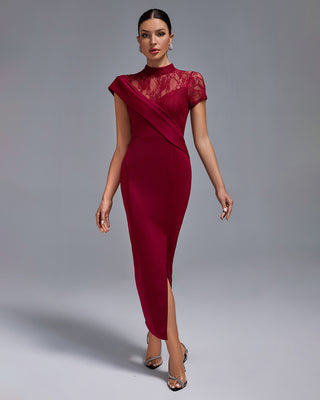 Ships in 1 to 3 Days - Sophisticated High-Neck Lace and Draped Evening Gown