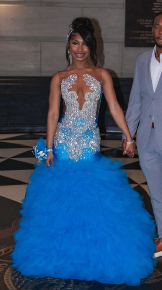 Glamorous Crystal-Embellished Mermaid Gown with Cascading Ruffle Train